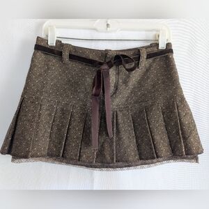 Zara 2 Elegant Short Brown Pleated mini  Skirt Winter Lace Bow